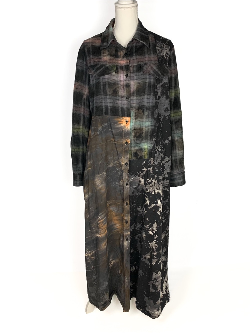 Nu Vintage Women XL Long Duster Dress Plaid Mix Tie Dye Boho Grunge Art Pockets